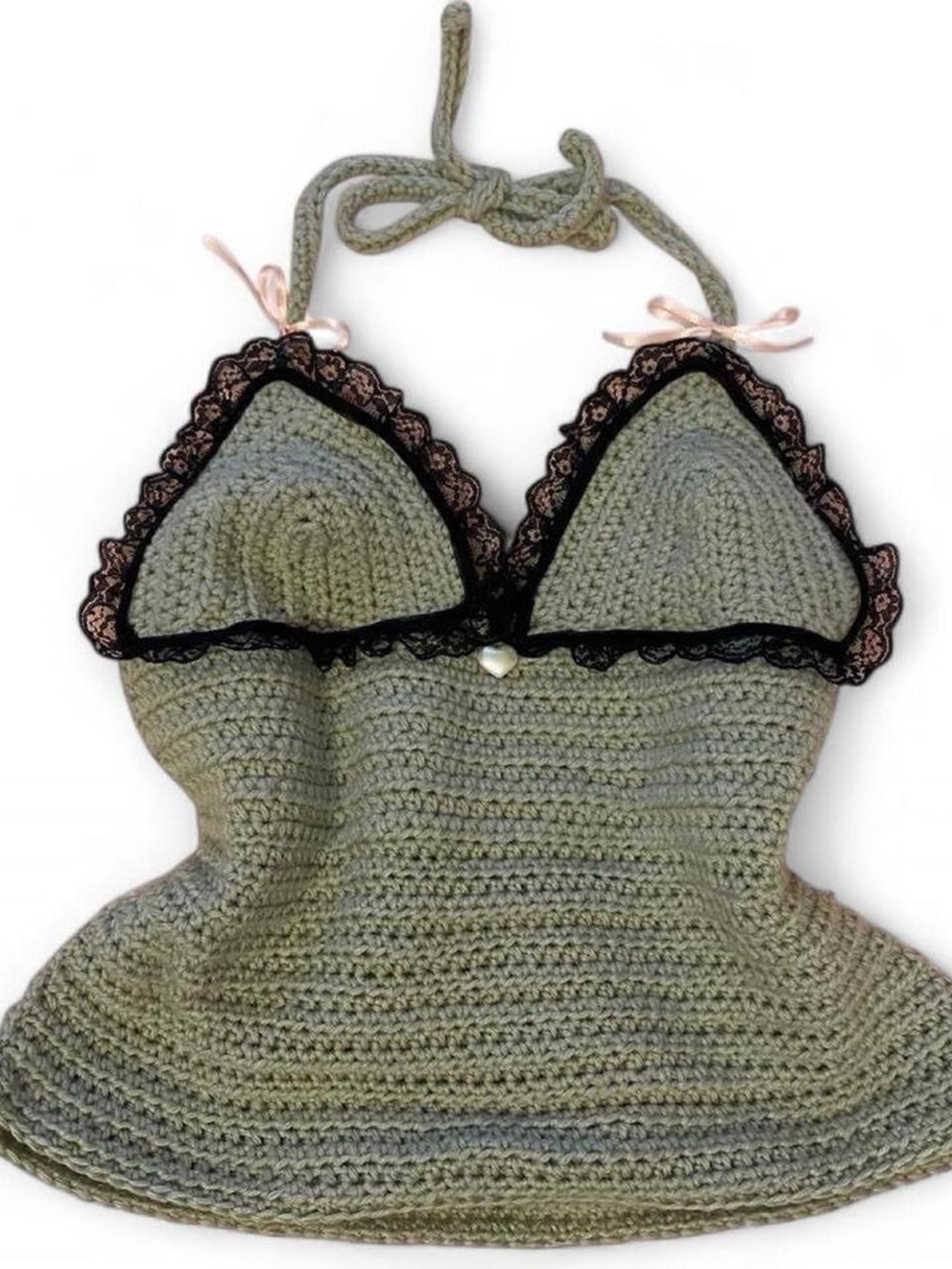 Hand-Crocheted Grey Halter Tank with Black Lace Trim